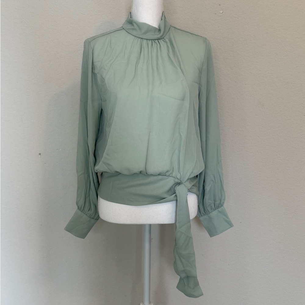 Ann Taylor Green Blouse with Cuffed Sleeves and Tie Front
